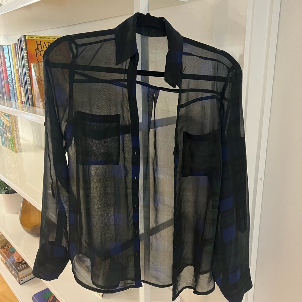 Express Sheer Plaid Portofino Button Down Blouse size small
